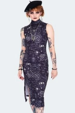 JAWBREAKER Alchemy Cat Print Midi Cut Out Dress