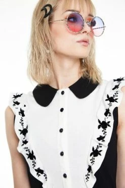 JAWBREAKER Button Down Knit Dress With Rose Embroidered On Ruffle -Clorhing Shop Button Down Knit Dress With Rose Embroidered On Ruffle Jawbreaker 5 300x