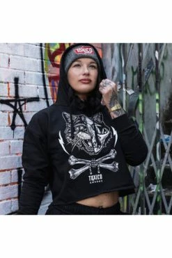 Toxico Cat Skull Cropped Pullover Hood