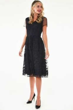 Voodoo Vixen Glenda Black On Black Floral Embroidered Dress