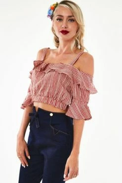 Voodoo Vixen Sophia Loren Gingham Ruffle Crop Top -Clorhing Shop Sophia Loren Gingham Ruffle Crop Top Voodoo Vixen 4 300x