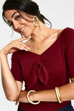 Voodoo Vixen Anika Tie Front Pullover Top -Clorhing Shop anika burgandy tie front pullover top tpa 2461 03.1069 300x