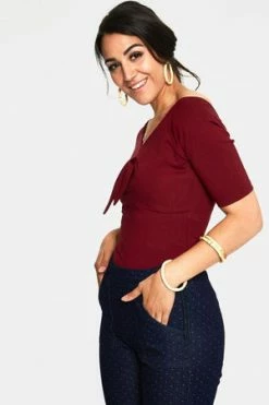 Voodoo Vixen Anika Tie Front Pullover Top -Clorhing Shop anika burgandy tie front pullover top tpa 2461 04.1069 300x