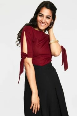 Voodoo Vixen Benny Cowl Neck Top -Clorhing Shop benny burgandy cowl neck top with tie sleeves tpa 2464 01.1072 300x