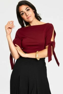 Voodoo Vixen Benny Cowl Neck Top -Clorhing Shop benny burgandy cowl neck top with tie sleeves tpa 2464 02.1072 300x