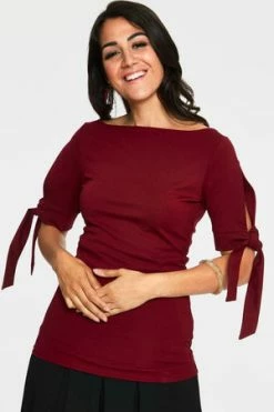 Voodoo Vixen Benny Cowl Neck Top -Clorhing Shop benny burgandy cowl neck top with tie sleeves tpa 2464 04.1072 300x