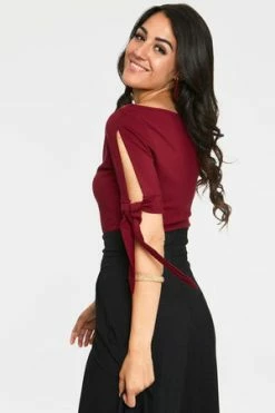 Voodoo Vixen Benny Cowl Neck Top -Clorhing Shop benny burgandy cowl neck top with tie sleeves tpa 2464 05.1072 300x
