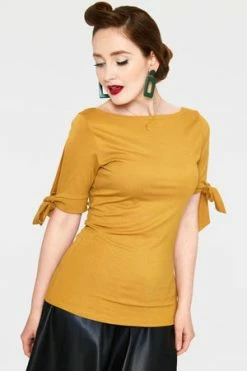 Voodoo Vixen Benny Cowl Neck Top -Clorhing Shop benny mustard cowl neck top with tie sleeves tpa 2465 04.1073 300x