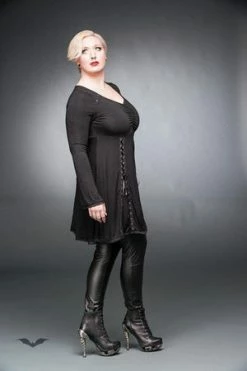 QUEEN OF DARKNESS Black Dress With V-Neck And Lacings -Clorhing Shop black dress with v neck and lacings queen of darkness 3 300x