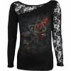 Spiral Burnt Rose - Lace One Shoulder Top Black