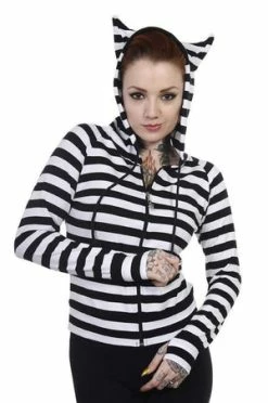 Banned Cat Ears Striped Hoodie -Clorhing Shop cat ears striped hoodie banned 3 300x