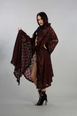 Burleska Cherryl Hooded Cape In Black Lace And Red Mesh Lining -Clorhing Shop cherryl hooded cape in black lace and red mesh lining burleska 3 300x