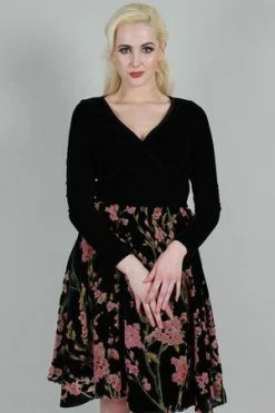 Voodoo Vixen Cheryl Velvet Dress With Chiffon Rose Flocking