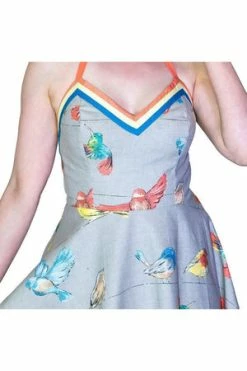 Dr Faust Colourful Birds Retro Grey Mini Dress - Avah -Clorhing Shop colourful birds retro grey mini dress avah dr faust 3 300x