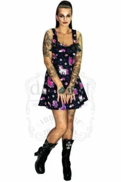 Dr Faust Cute Purple Unicorns Black Mini Dress - Emily