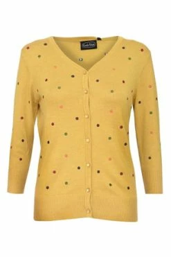 Voodoo Vixen Diana Mustard Polka Dot Cardigan -Clorhing Shop diana polka dot cardigan in mustard caa 3106 01.269 300x