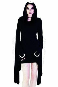 Dr Faust Dripping Crescent Moons Hooded Black Mini Dress - Meadow
