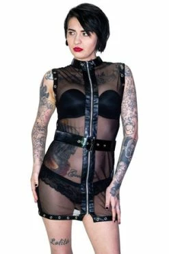 Dr Faust Full Zip Eyelet Trim Black Belt Sheer Mini Dress - Yara