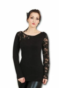 Spiral Gothic Elegance - Lace One Shoulder Top Black -Clorhing Shop gothic elegance lace one shoulder top black spiral 3 300x