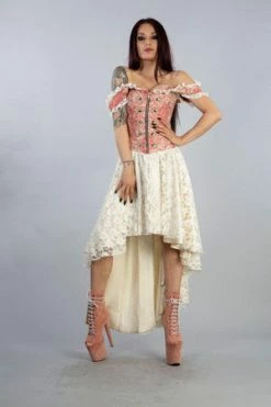 Burleska Gypsy High Low Victorian Corset Dress In Coral Cream Jacquard