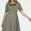 Voodoo Vixen Kaylee Khaki Short Sleeve Plaid Flared Dress