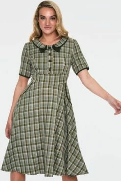 Voodoo Vixen Kaylee Khaki Short Sleeve Plaid Flared Dress