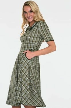 Voodoo Vixen Kaylee Khaki Short Sleeve Plaid Flared Dress -Clorhing Shop kaylee khaki short sleeve plaid flared dress dra 9207 03.923 300x