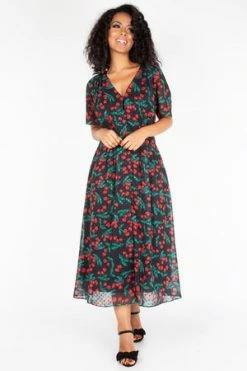 Voodoo Vixen Leona Cherry Print Black Tea Dress -Clorhing Shop leona cherry print black tea dress voodoo vixen 8 300x