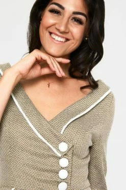 Voodoo Vixen Marica 1950s Olive Herringbone Wide Collar Dress -Clorhing Shop marica 1950s olive herringbone wide collar dress dra 9401 03.1036 300x