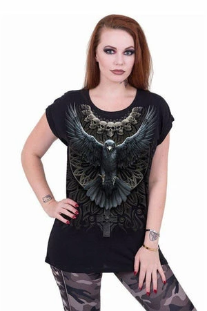 Spiral Raven Skull - Turnup Sleeve Loosefit Tee 2 Spiral Raven Skull - Turnup Sleeve Loosefit Tee - Image 2