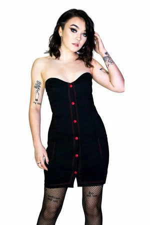 Dr Faust Red Button-Down Strapless Black Mini Dress - Allie 1 Dr Faust Red Button-Down Strapless Black Mini Dress - Allie