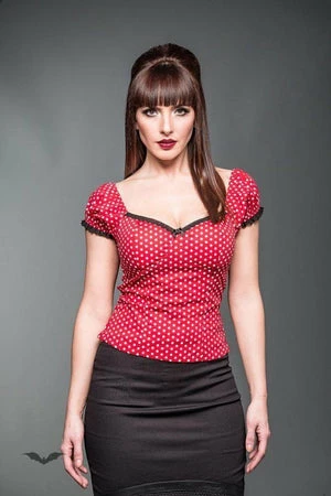 QUEEN OF DARKNESS Red Corsage Rockabilly Top With White Polka Dots 1 QUEEN OF DARKNESS Red Corsage Rockabilly Top With White Polka Dots