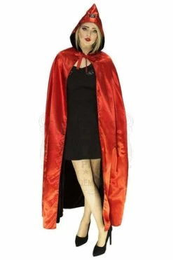 Dr Faust Red Silk And Black Velvet Reversible Pointed Hooded Cape - Juliana