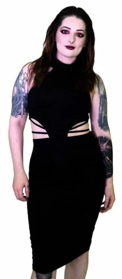 Dr Faust Seductive Black Stripes Black Midi Dress - Ruth