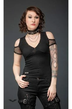 QUEEN OF DARKNESS Shoulder-Free Shirt With Mesh And Studs