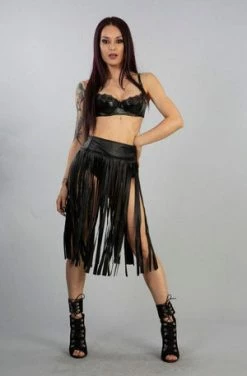 Burleska Shredder Knee Length Fringe Skirt In Black Matte