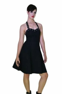 Dr Faust Silver Eyelets Halterneck Black Midi Dress - Simone