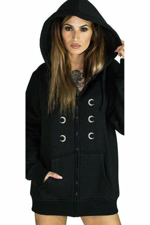 Dr Faust Silver Moon Buttons Nu Goth Women's Black Hoodie - Ximena 1 Dr Faust Silver Moon Buttons Nu Goth Women's Black Hoodie - Ximena