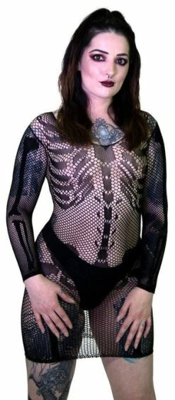 Dr Faust Skeleton Printed Fish Net Black Sheer Mini Dress - Sabine