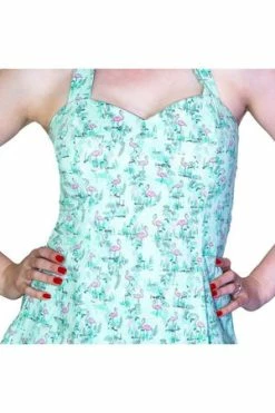 Dr Faust Vintage Petite Pink Flamingo Light Blue Mini Dress - Liana -Clorhing Shop vintage petite pink flamingo light blue mini dress liana dr faust 3 300x