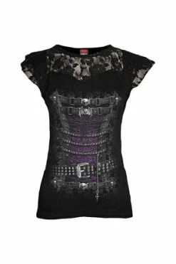 Spiral Waisted Corset - Lace Layered Cap Sleeve Top Black