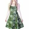Dr Faust White And Bronze Flowers Green Retro Midi Dress - Laurie