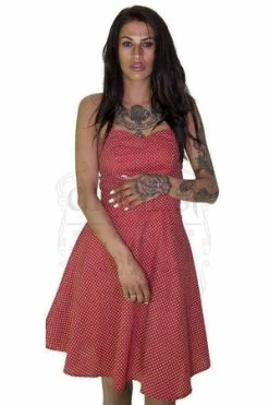 Dr Faust White Polka Dot Blush Red Vintage Midi Dress - Thalia