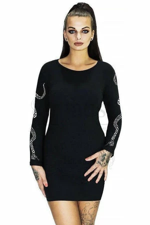 Dr Faust White Snake Long Sleeved Black Mini Dress - Serena 1 Dr Faust White Snake Long Sleeved Black Mini Dress - Serena